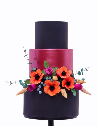Contemporary Black and Burgundy 3-tier Boho Style Wedding Cake